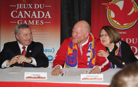 An emotional Anthony Everett, chair of the 2015 Canada Winter Games, is consoled by Prince George-Valemount MLA Shirley Bond and Canada Games Council chair Tom Quinn during the closing press conference for the Games Sunday morning. Bill PHILLIPS/Free Press