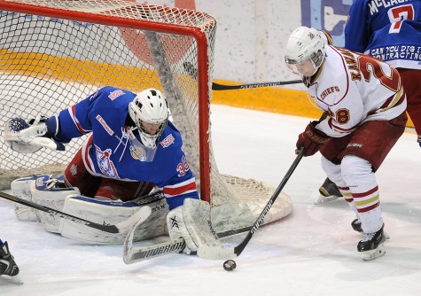 Action around the Prince George Spruce Kings net during playoff action in Chilliwack Saturday. The Spruce Kings are down 2-0 in their best-of-seven series against the Chilliwack Chiefs. Game 3 goes tonight at the Prince George Coliseum. Jenna HAUCK/Chilliwack Progress