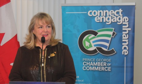 National Revenue Minister Kerry-Lynne Findlay speaks with Prince George Chamber of Commerce members Wednesday about the federal government's efforts to reduce red tape. Bill PHILLIPS/Free Press