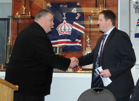 Prince George Spruce Kings general manager Mike Hawes, left, welcomes new coach Chad van Diemen after introducing him at a press conference Friday morning. Allan WISHART/Free Press