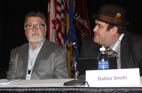 Corby Lamb, President, Capacity Forest Management – Manager Skul’qalt Forestry LP – Similkameen Indian Band and Dallas Smith, President and CEO, Nanwakolas Business Corp. and Nanwakolas Council speak at the Council of Forest Industries convention in Prince George Wednesday. Bill PHILLIPS/Free Press